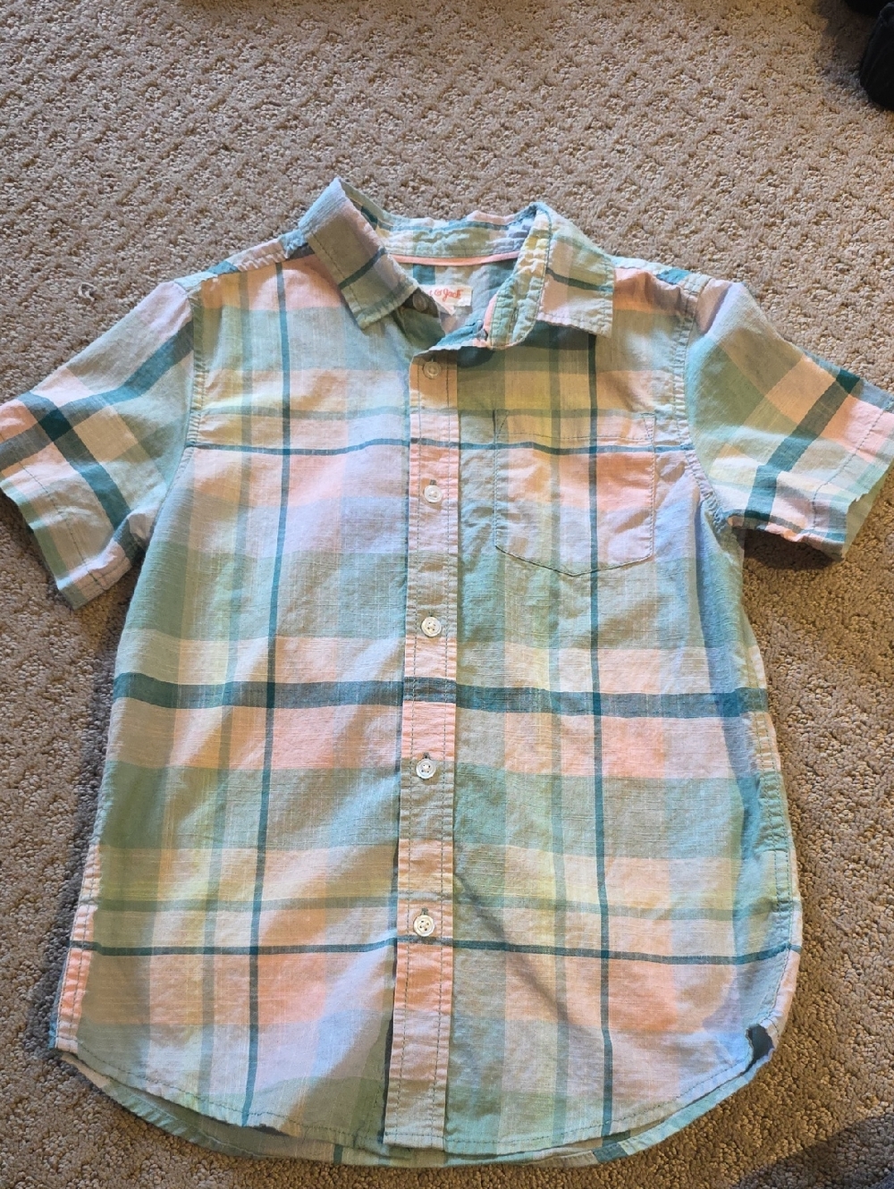Cat & Jack Aqua and Peach Plaid Short-Sleeve Button-Down Shirt Boys M